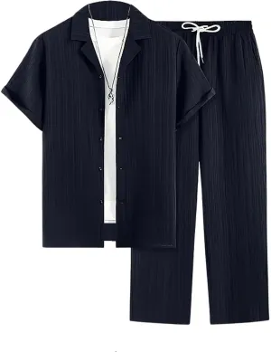 Men's 2 Piece Outfit Button Down Short Sleeve Loose Pants Set Summer Beach Vacation Outfits
