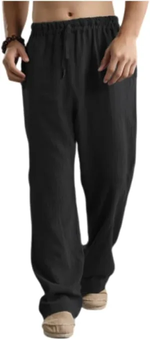 Men's Casual Linen Pants Elastic Waist Drawstring Beach Summer Pants Lightweight Straight-Legs Loose Trousers