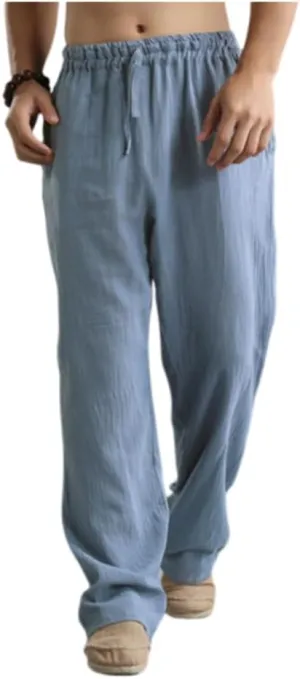 Men's Casual Linen Pants Elastic Waist Drawstring Beach Summer Pants Lightweight Straight-Legs Loose Trousers