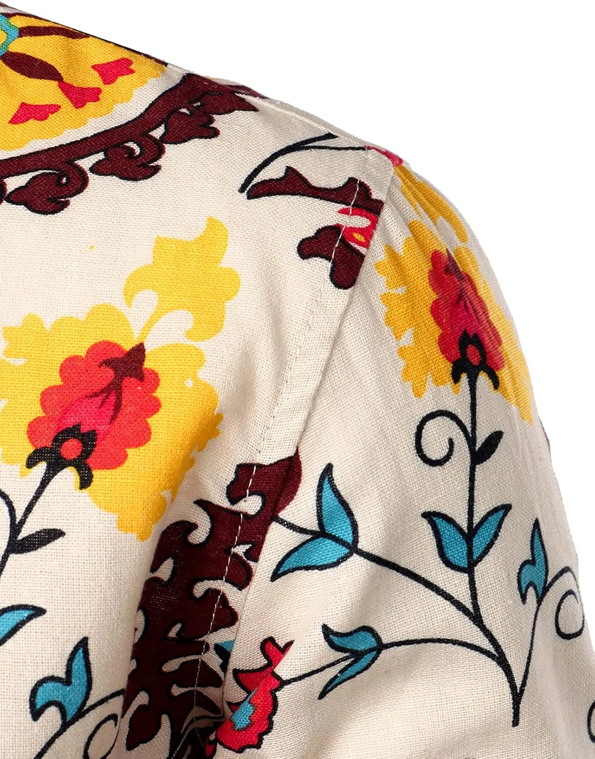 Men's Cotton Linen 70s Disco Retro Traditional Pattern Printed Long Sleeve Button Down Shirt