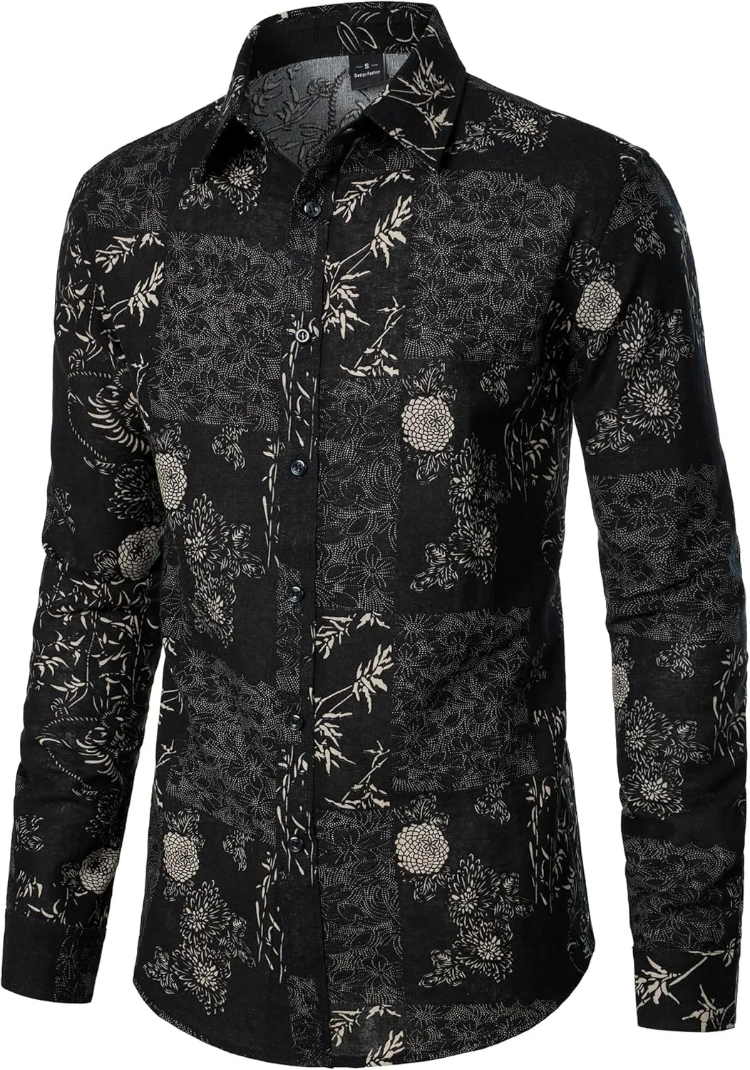 Men's Cotton Linen 70s Disco Retro Traditional Pattern Printed Long Sleeve Button Down Shirt