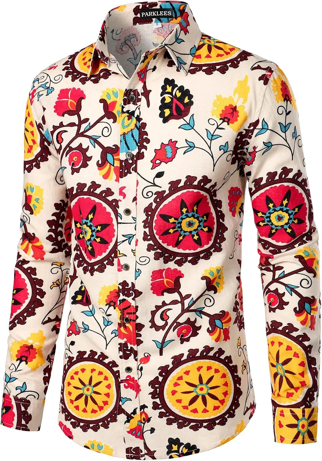 Men's Cotton Linen 70s Disco Retro Traditional Pattern Printed Long Sleeve Button Down Shirt