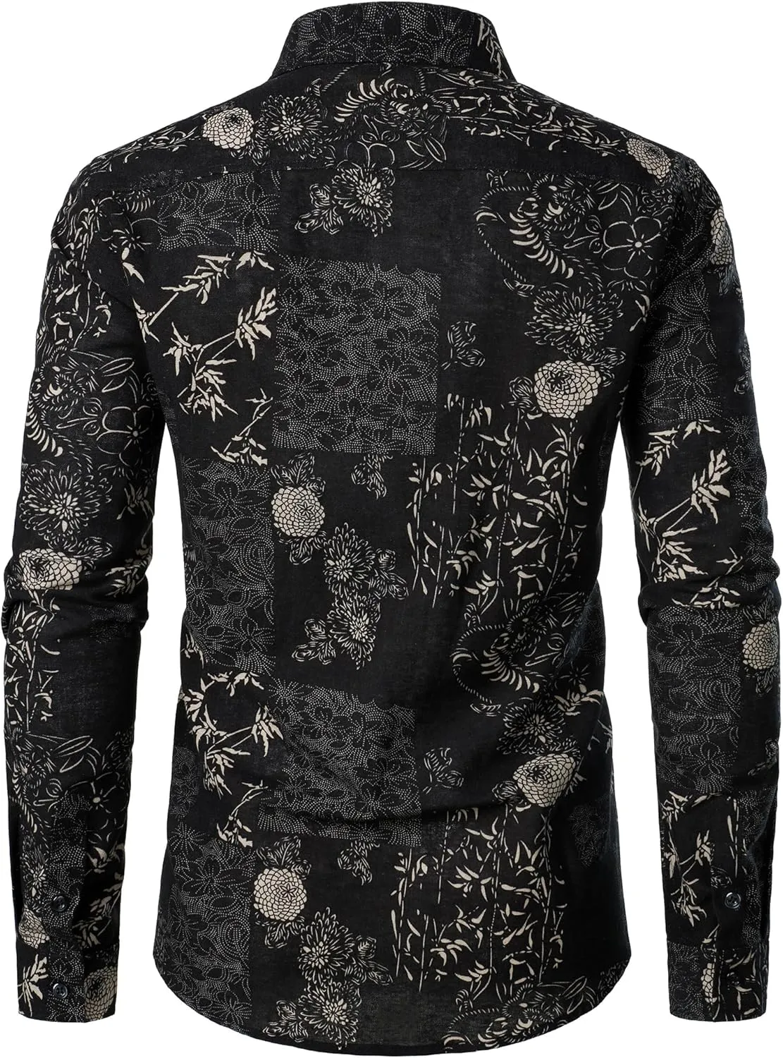 Men's Cotton Linen 70s Disco Retro Traditional Pattern Printed Long Sleeve Button Down Shirt