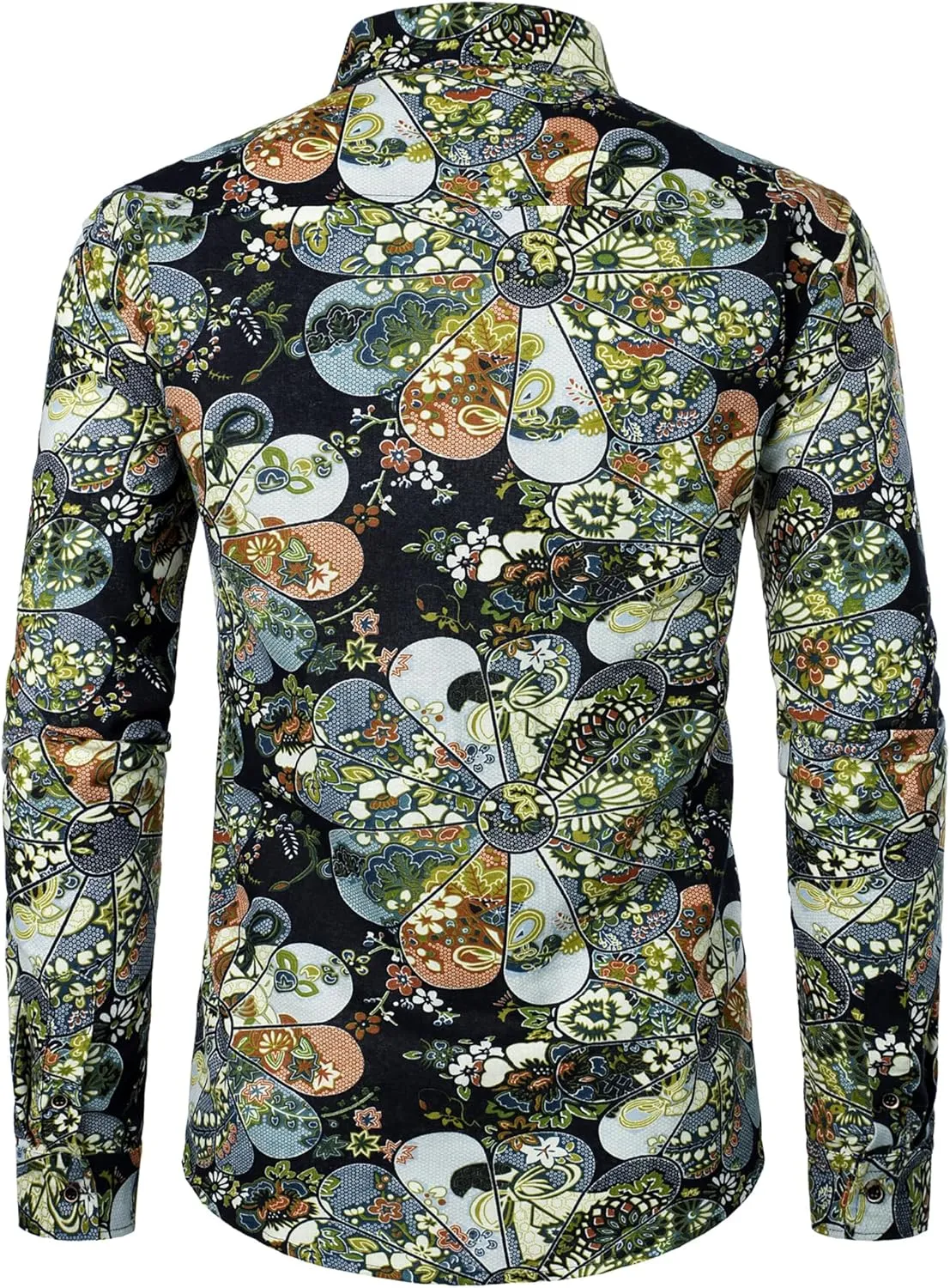 Men's Cotton Linen 70s Disco Retro Traditional Pattern Printed Long Sleeve Button Down Shirt