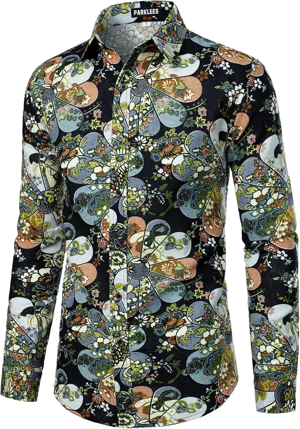 Men's Cotton Linen 70s Disco Retro Traditional Pattern Printed Long Sleeve Button Down Shirt
