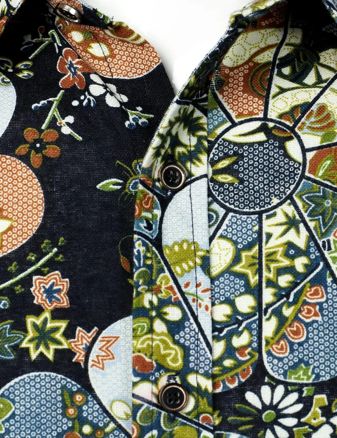 Men's Cotton Linen 70s Disco Retro Traditional Pattern Printed Long Sleeve Button Down Shirt