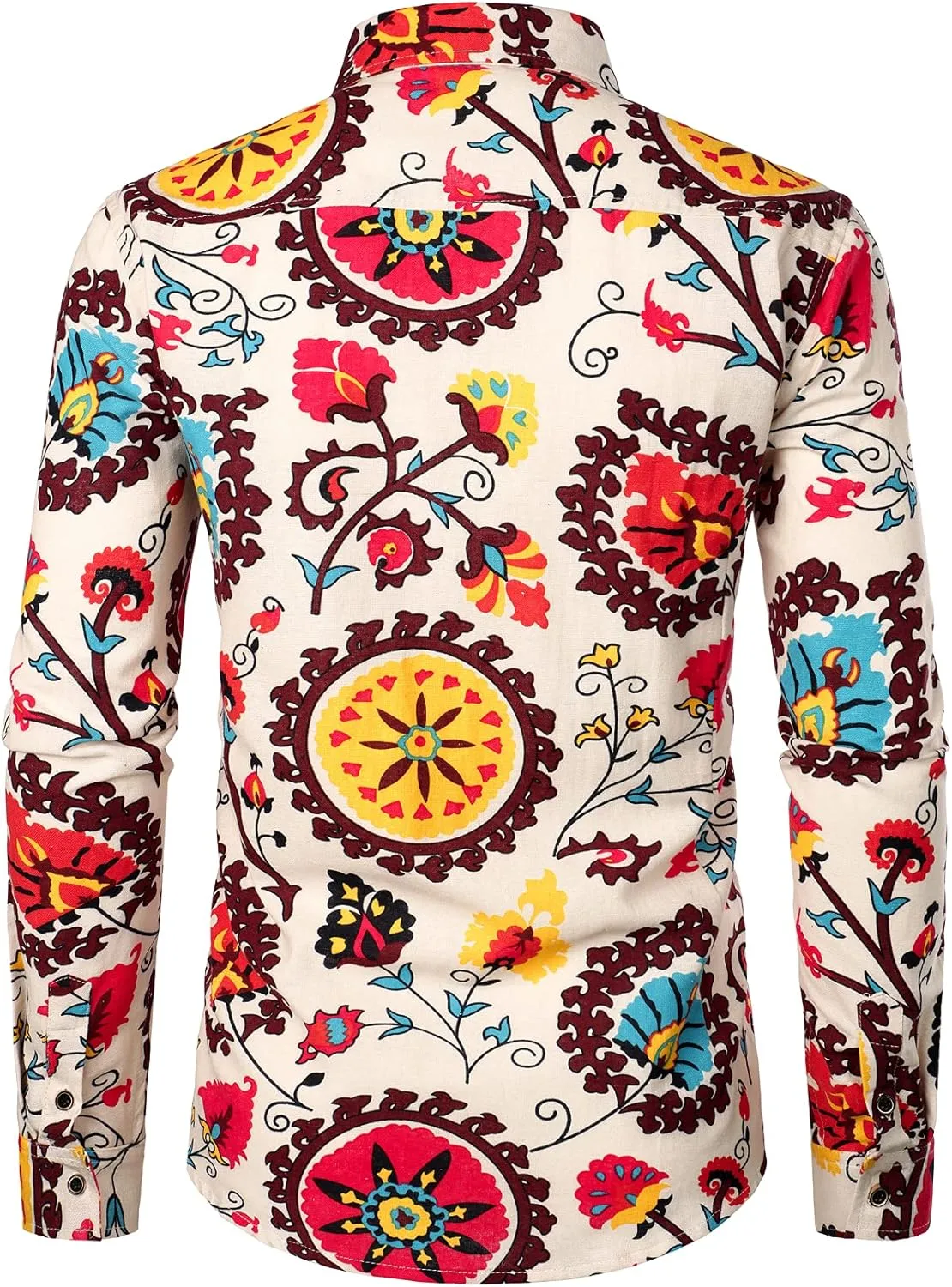 Men's Cotton Linen 70s Disco Retro Traditional Pattern Printed Long Sleeve Button Down Shirt
