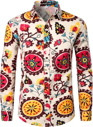 Men's Cotton Linen 70s Disco Retro Traditional Pattern Printed Long Sleeve Button Down Shirt