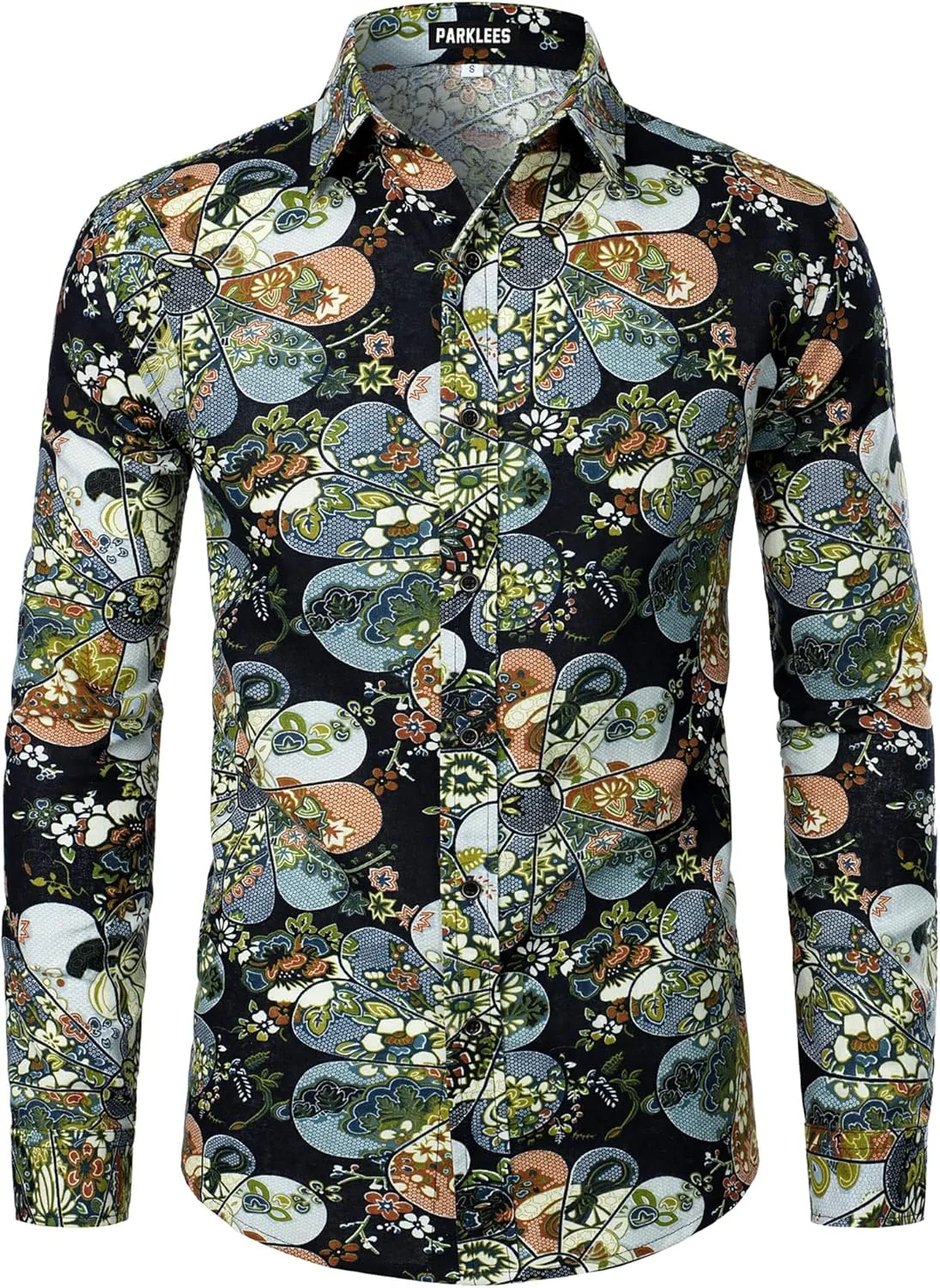 Men's Cotton Linen 70s Disco Retro Traditional Pattern Printed Long Sleeve Button Down Shirt