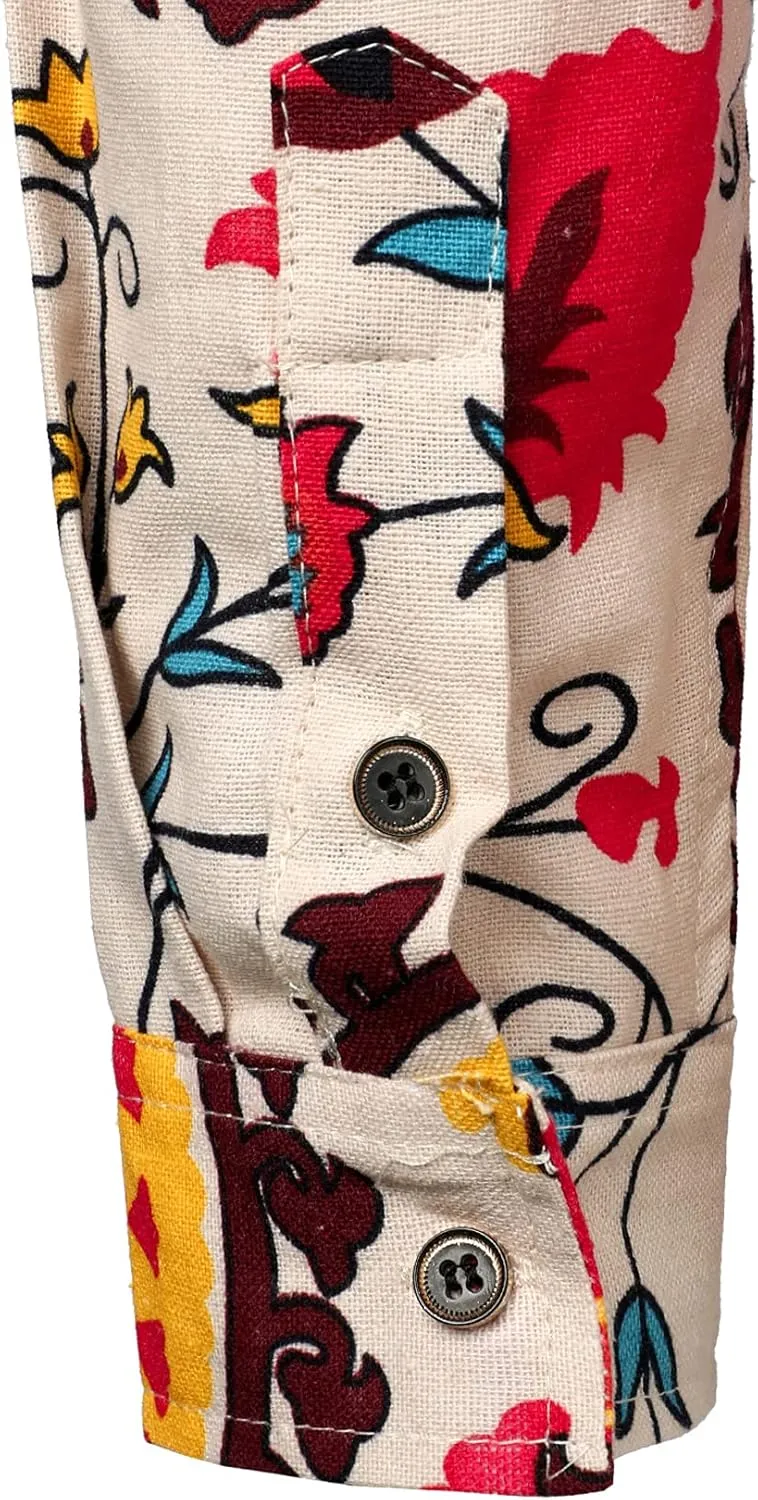 Men's Cotton Linen 70s Disco Retro Traditional Pattern Printed Long Sleeve Button Down Shirt