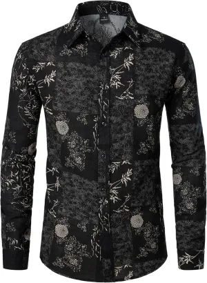 Men's Cotton Linen 70s Disco Retro Traditional Pattern Printed Long Sleeve Button Down Shirt