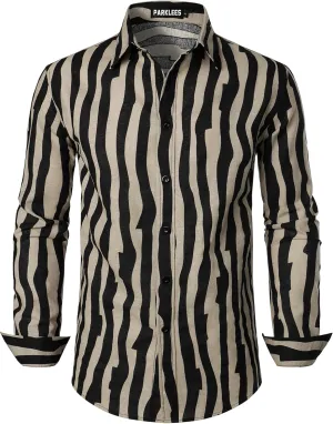 Men's Cotton Linen 70s Disco Retro Traditional Pattern Printed Long Sleeve Button Down Shirt