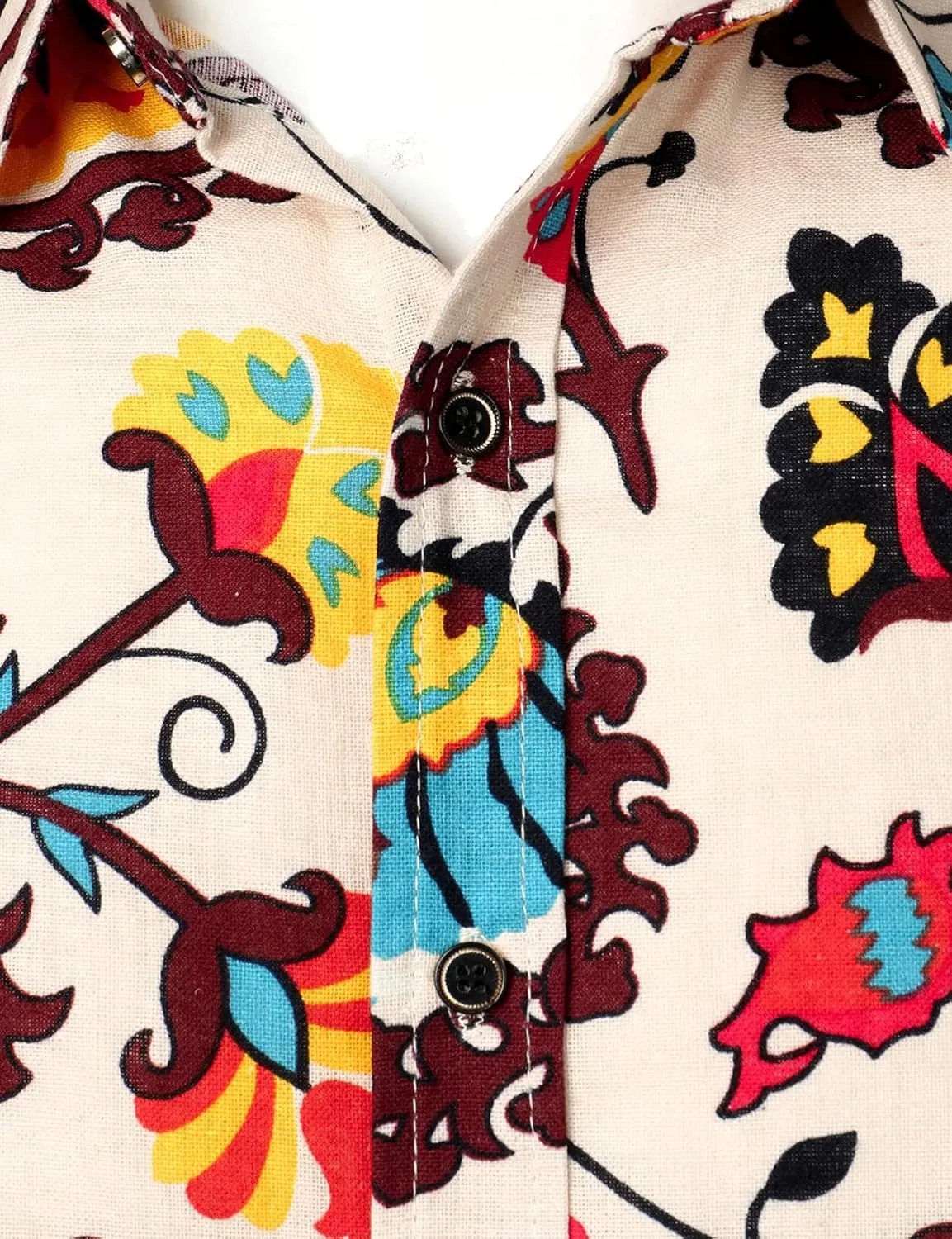 Men's Cotton Linen 70s Disco Retro Traditional Pattern Printed Long Sleeve Button Down Shirt