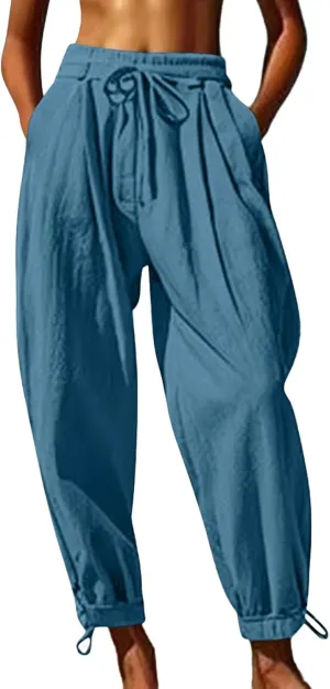 Men's Cotton Linen Harem Pants Soft Stretchy Waist Casual Hippie Trousers Lightweight Loose Fitting Beach Yoga Pant