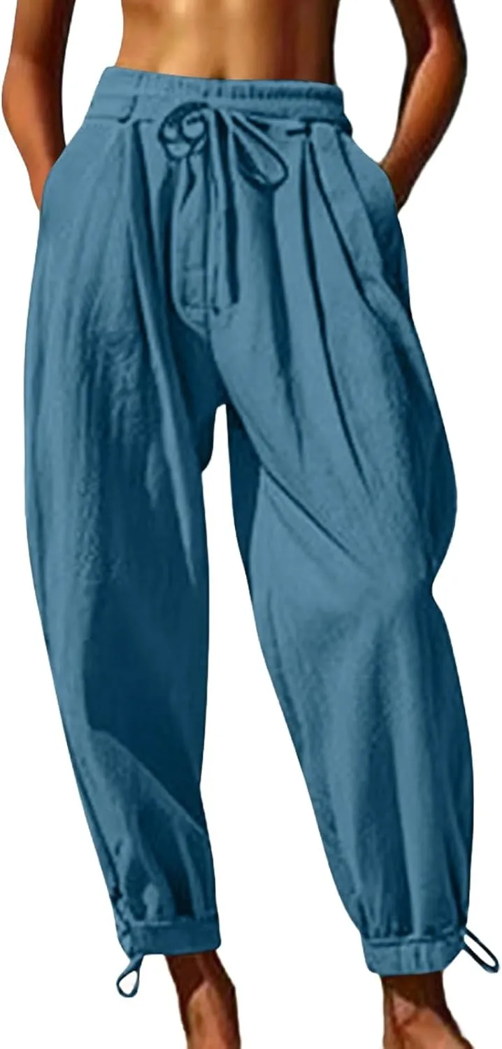 Men's Cotton Linen Harem Pants Soft Stretchy Waist Casual Hippie Trousers Lightweight Loose Fitting Beach Yoga Pant