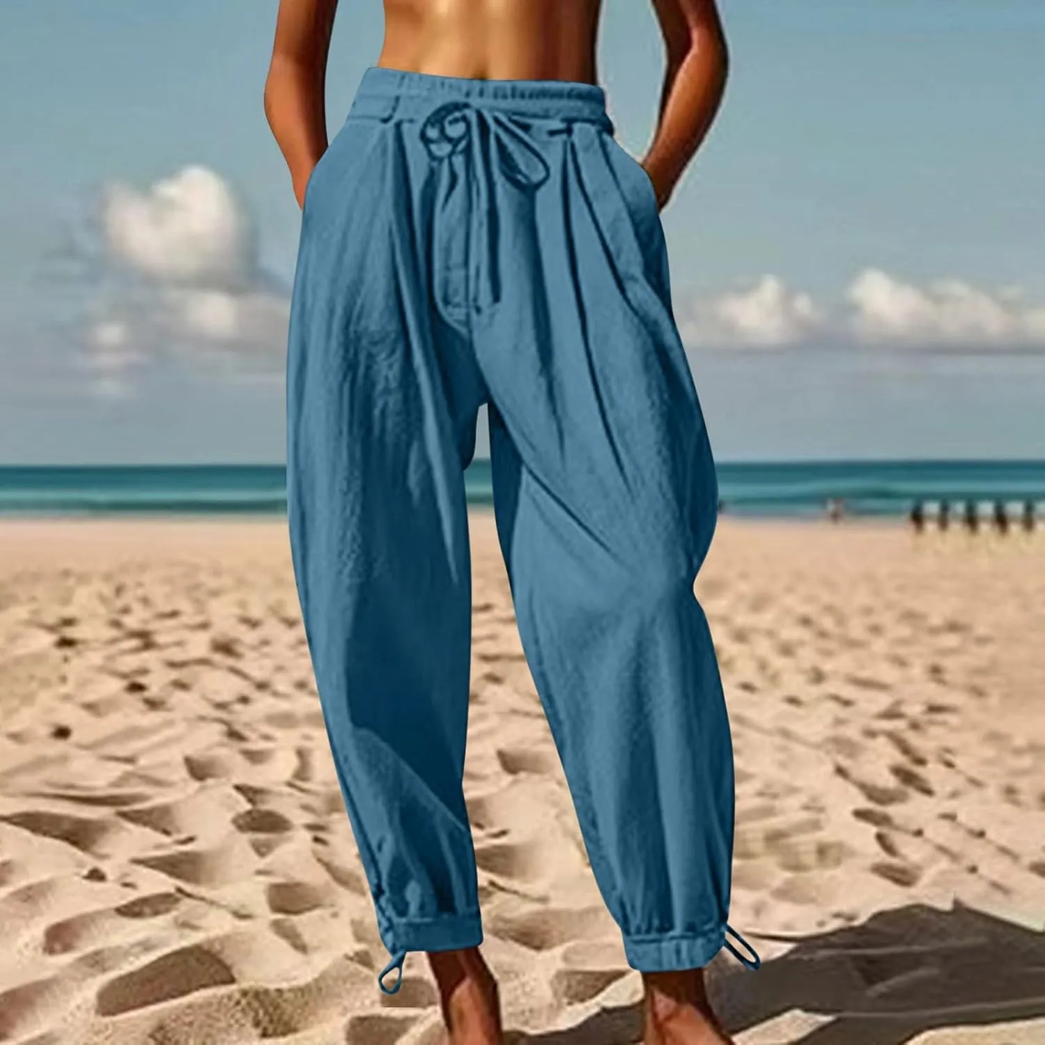 Men's Cotton Linen Harem Pants Soft Stretchy Waist Casual Hippie Trousers Lightweight Loose Fitting Beach Yoga Pant