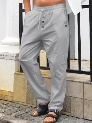 Mens Cotton Linen Pants Casual Summer Vacation Baggy Beach Pants Buttoned Drawstring Yoga Trousers with Pockets