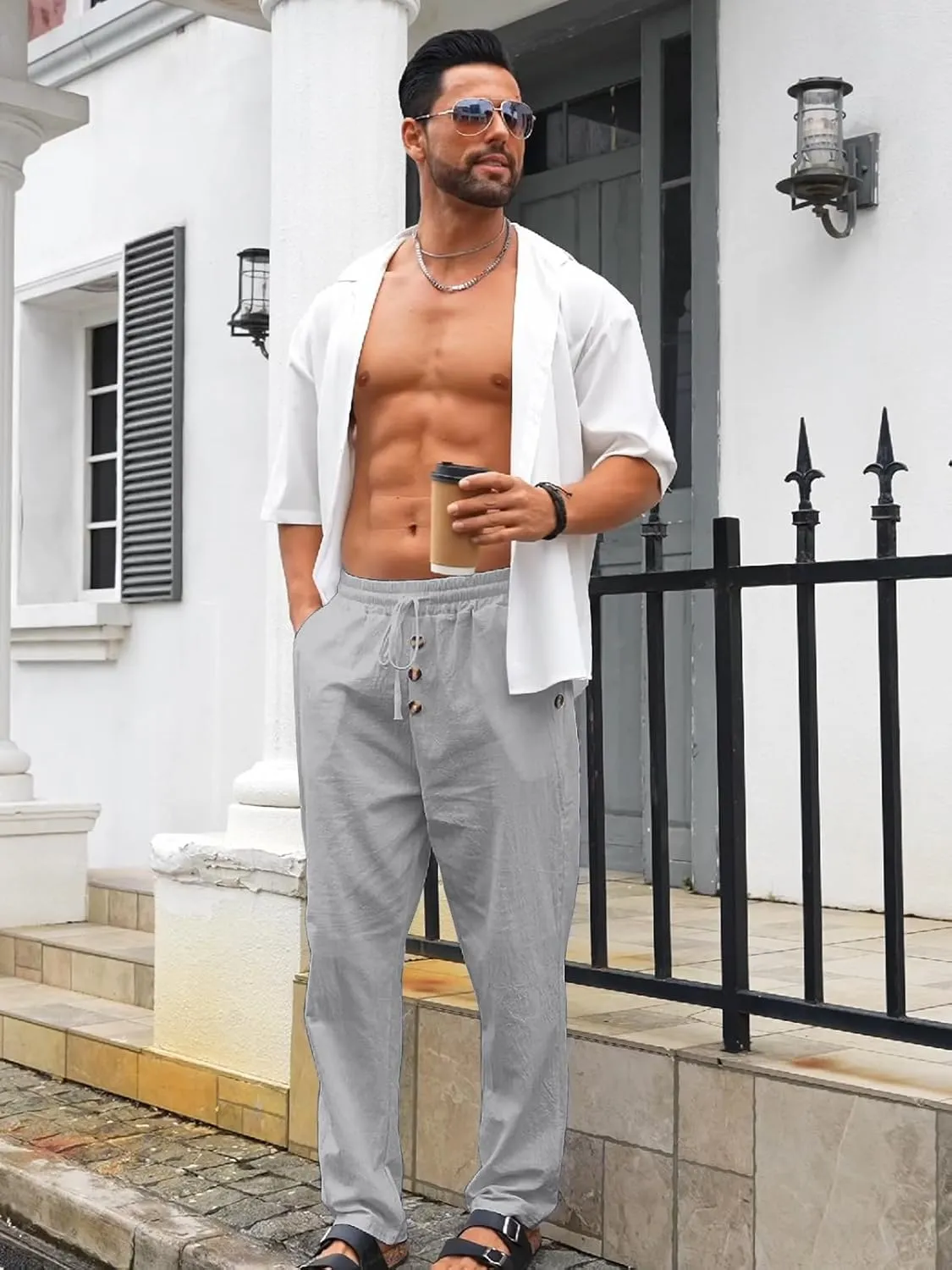 Mens Cotton Linen Pants Casual Summer Vacation Baggy Beach Pants Buttoned Drawstring Yoga Trousers with Pockets