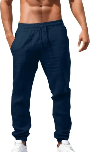 Mens Cotton Linen Pants Elastic Waist Drawstring Straight Leg Casual Pants Summer Loose Lightweight Yoga Beach Slacks