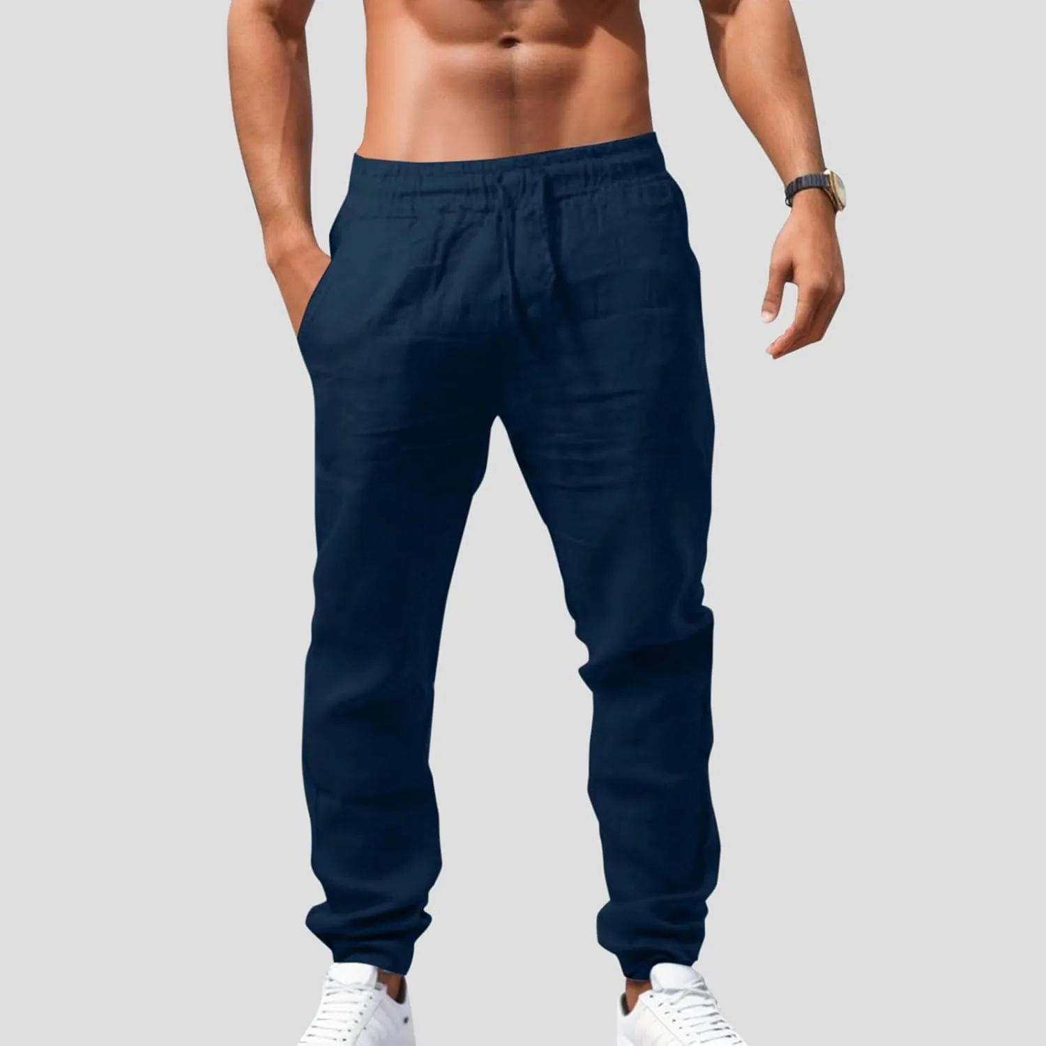 Mens Cotton Linen Pants Elastic Waist Drawstring Straight Leg Casual Pants Summer Loose Lightweight Yoga Beach Slacks