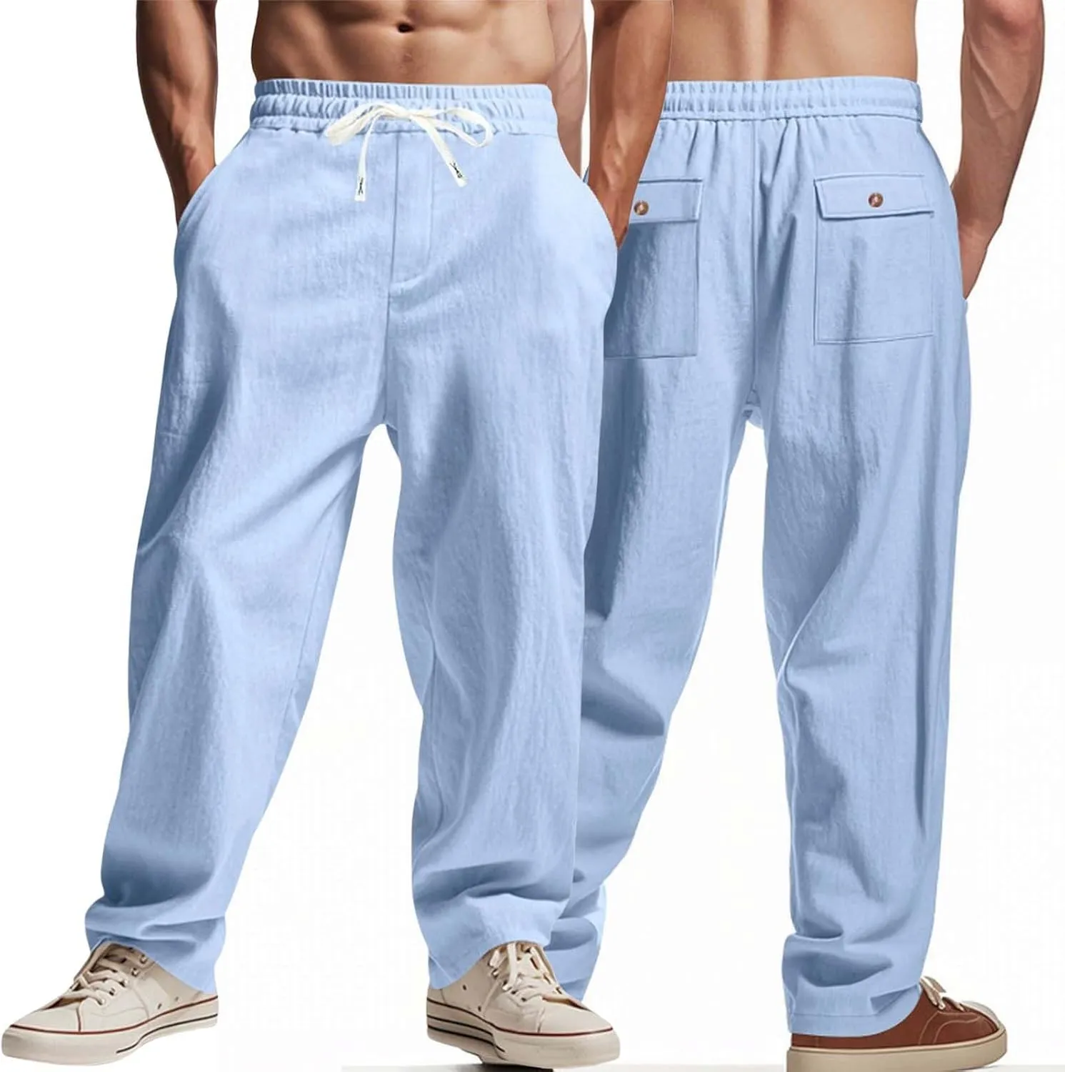 Mens Drawstring Linen Pants Loose Fit Casual Summer Beach Plain Trousers Fashion Outdoor Hiking Camping Wedding Pant