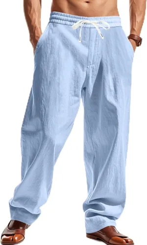 Mens Drawstring Linen Pants Loose Fit Casual Summer Beach Plain Trousers Fashion Outdoor Hiking Camping Wedding Pant