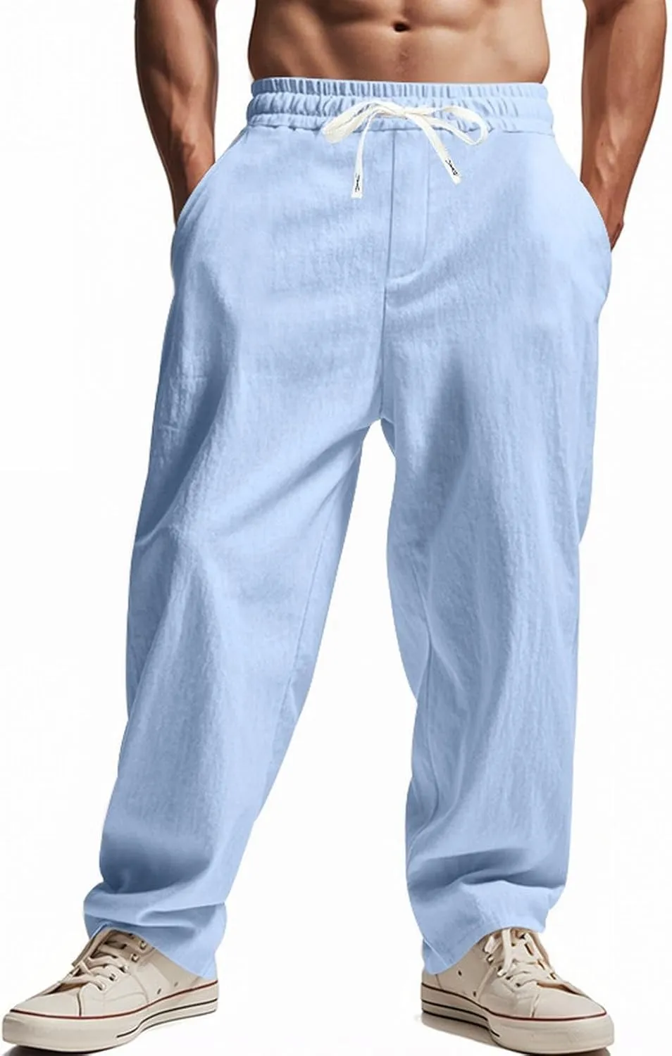 Mens Drawstring Linen Pants Loose Fit Casual Summer Beach Plain Trousers Fashion Outdoor Hiking Camping Wedding Pant
