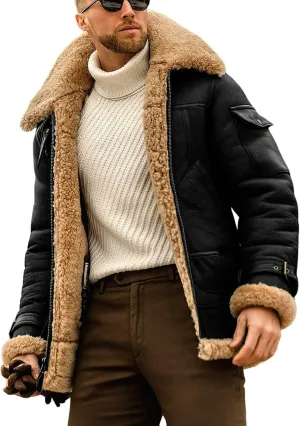 Mens Faux Fur Bomber Jacket Sherpa Lined Fleece Shearling Coat Lapel Motorcycle Cargo Trucker Aviator Outwear