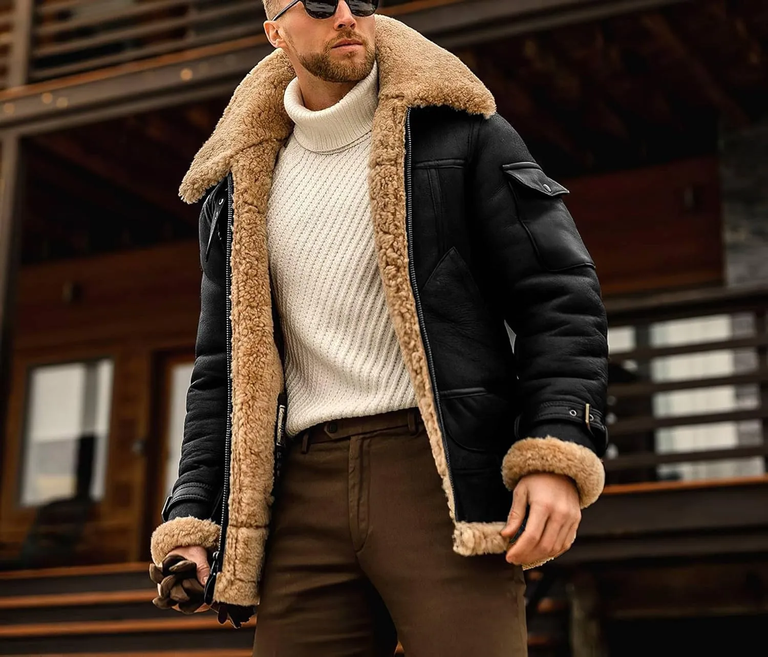Mens Faux Fur Bomber Jacket Sherpa Lined Fleece Shearling Coat Lapel Motorcycle Cargo Trucker Aviator Outwear