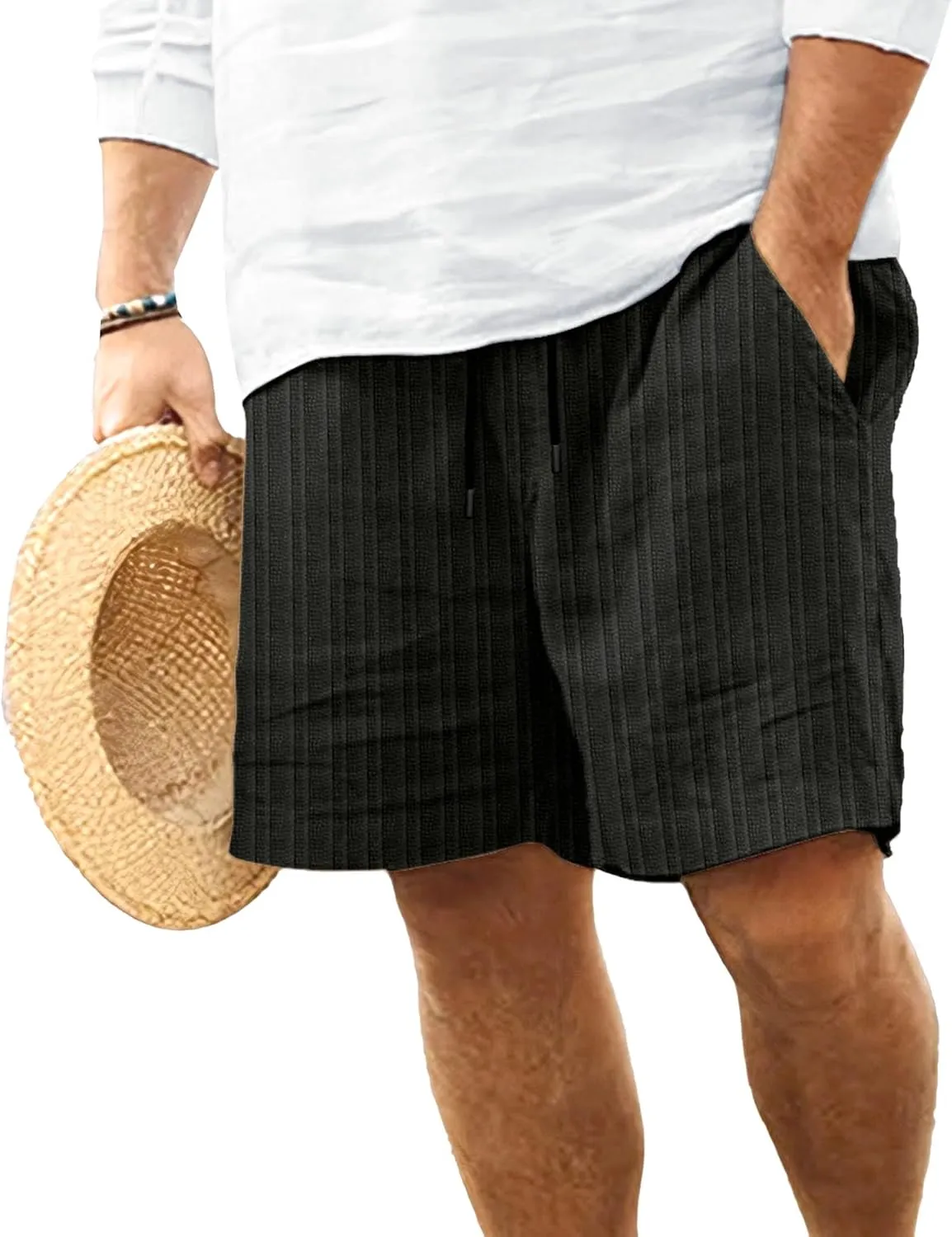 Mens Linen Flat Front Casual Shorts Classic Fit Drawstring Beach Shorts Elastic Waist Drawstring Beach Short