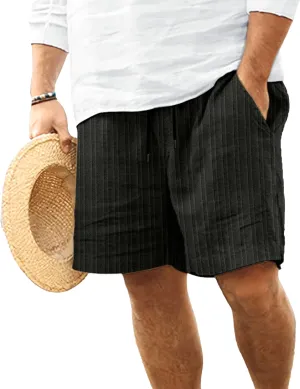Mens Linen Flat Front Casual Shorts Classic Fit Drawstring Beach Shorts Elastic Waist Drawstring Beach Short