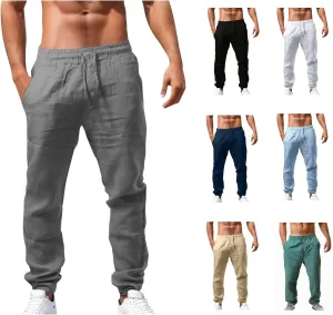 Mens Linen Pants Elastic Waist Drawstring Straight Leg Casual Long Pants Summer Loose Lightweight Yoga Beach Slacks