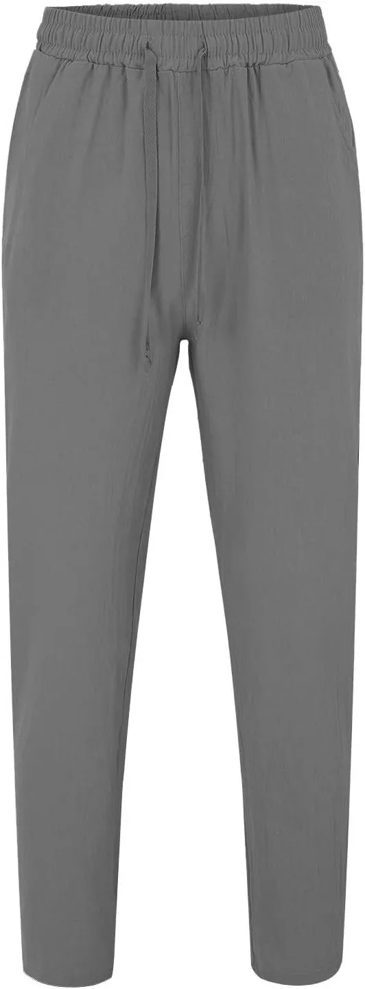 Mens Linen Pants Elastic Waist Drawstring Straight Leg Casual Long Pants Summer Loose Lightweight Yoga Beach Slacks