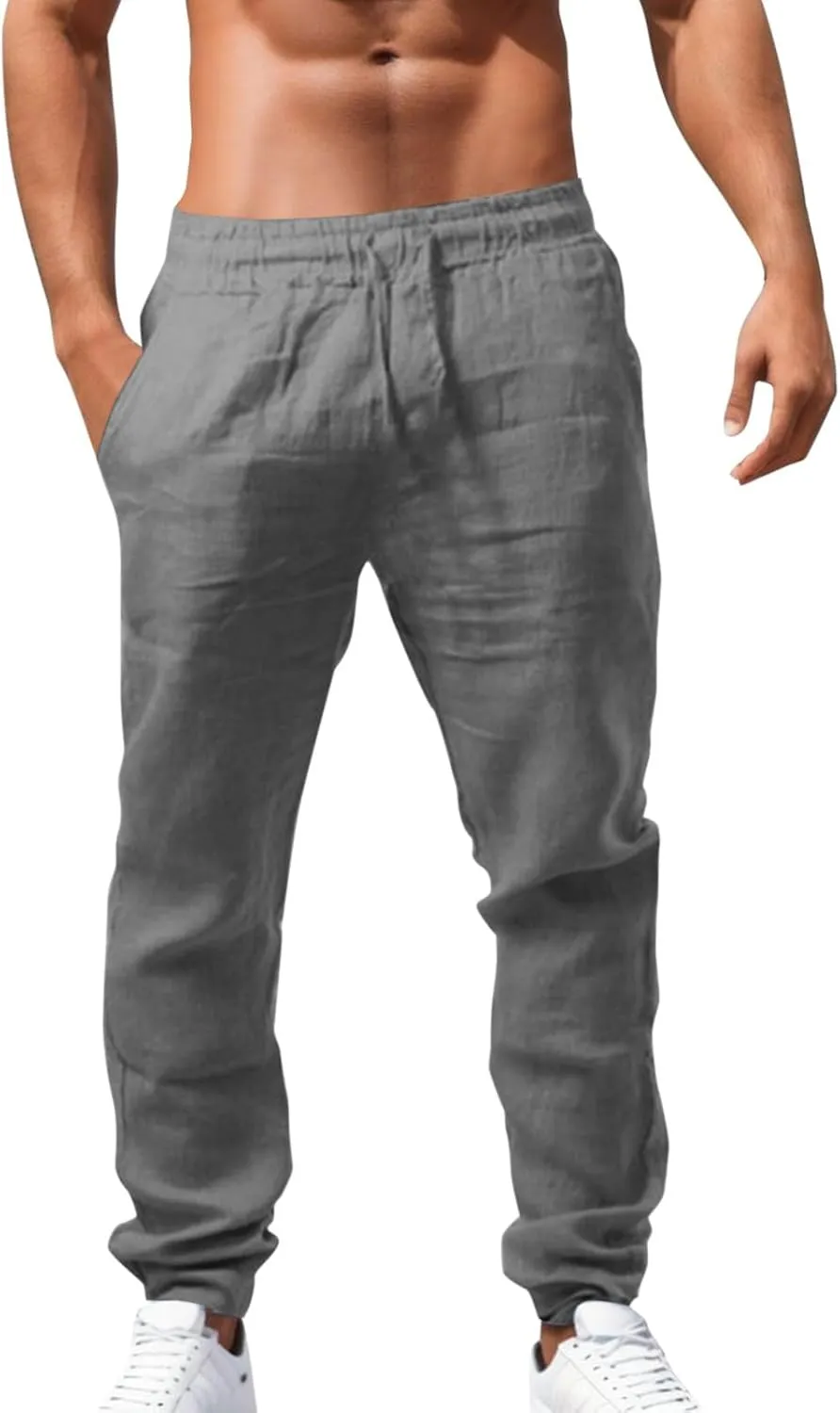 Mens Linen Pants Elastic Waist Drawstring Straight Leg Casual Long Pants Summer Loose Lightweight Yoga Beach Slacks