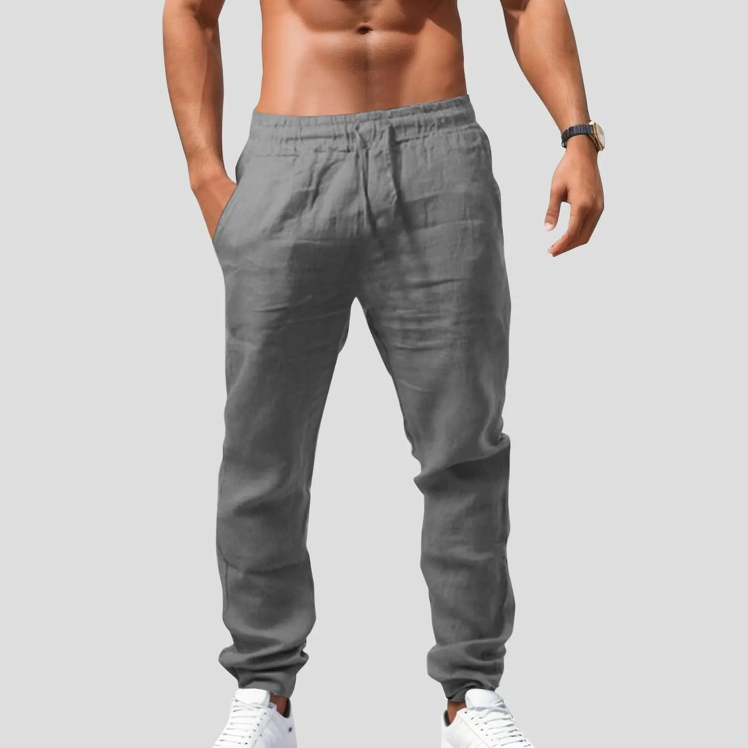 Mens Linen Pants Elastic Waist Drawstring Straight Leg Casual Long Pants Summer Loose Lightweight Yoga Beach Slacks