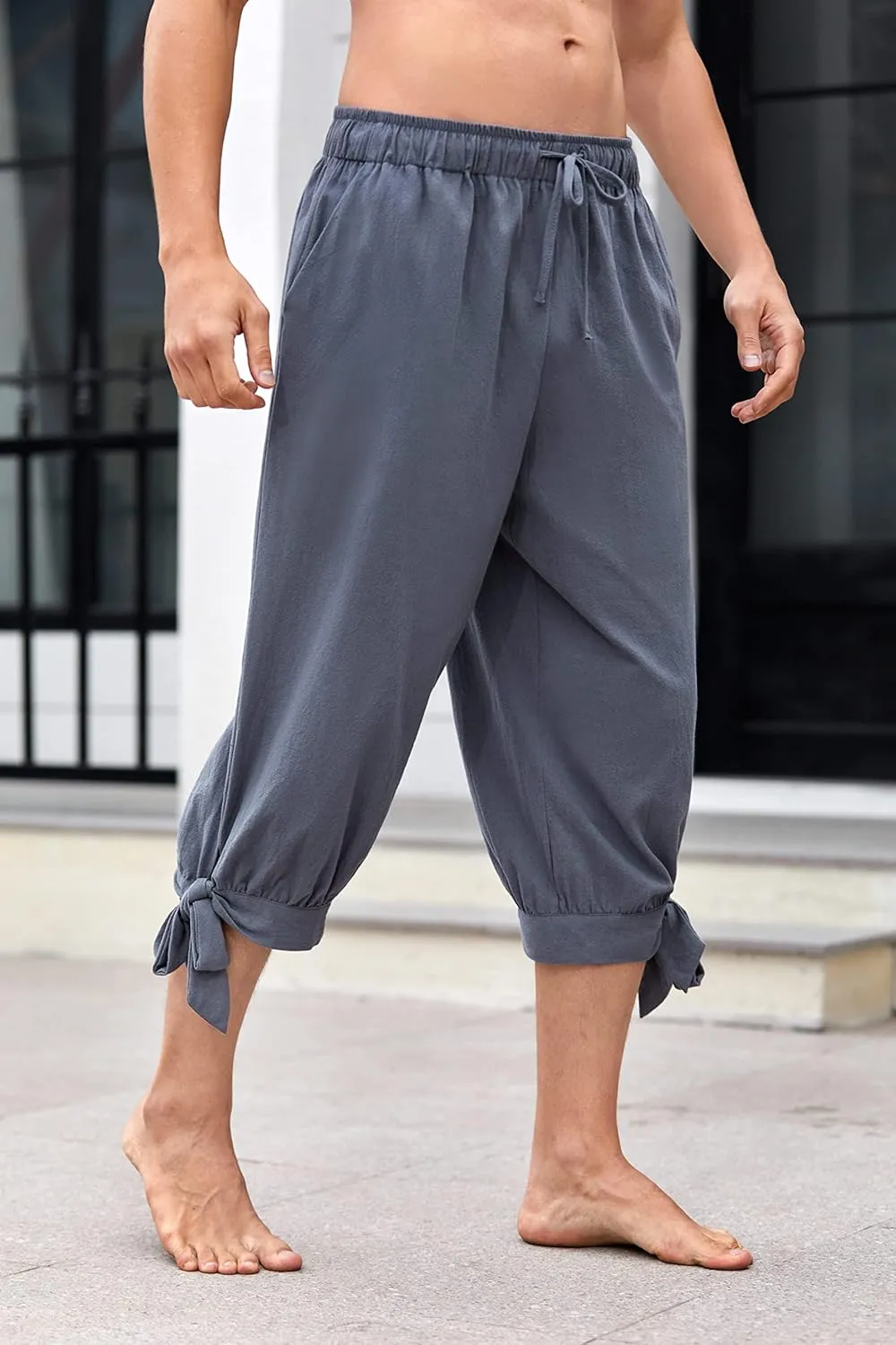Mens Pirate Shorts Halloween Medieval Renaissance Banded Pants Viking Knicker Colonial Linen Costume
