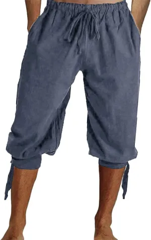 Mens Pirate Shorts Halloween Medieval Renaissance Banded Pants Viking Knicker Colonial Linen Costume
