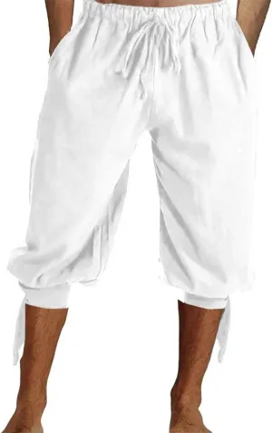 Mens Pirate Shorts Halloween Medieval Renaissance Banded Pants Viking Knicker Colonial Linen Costume