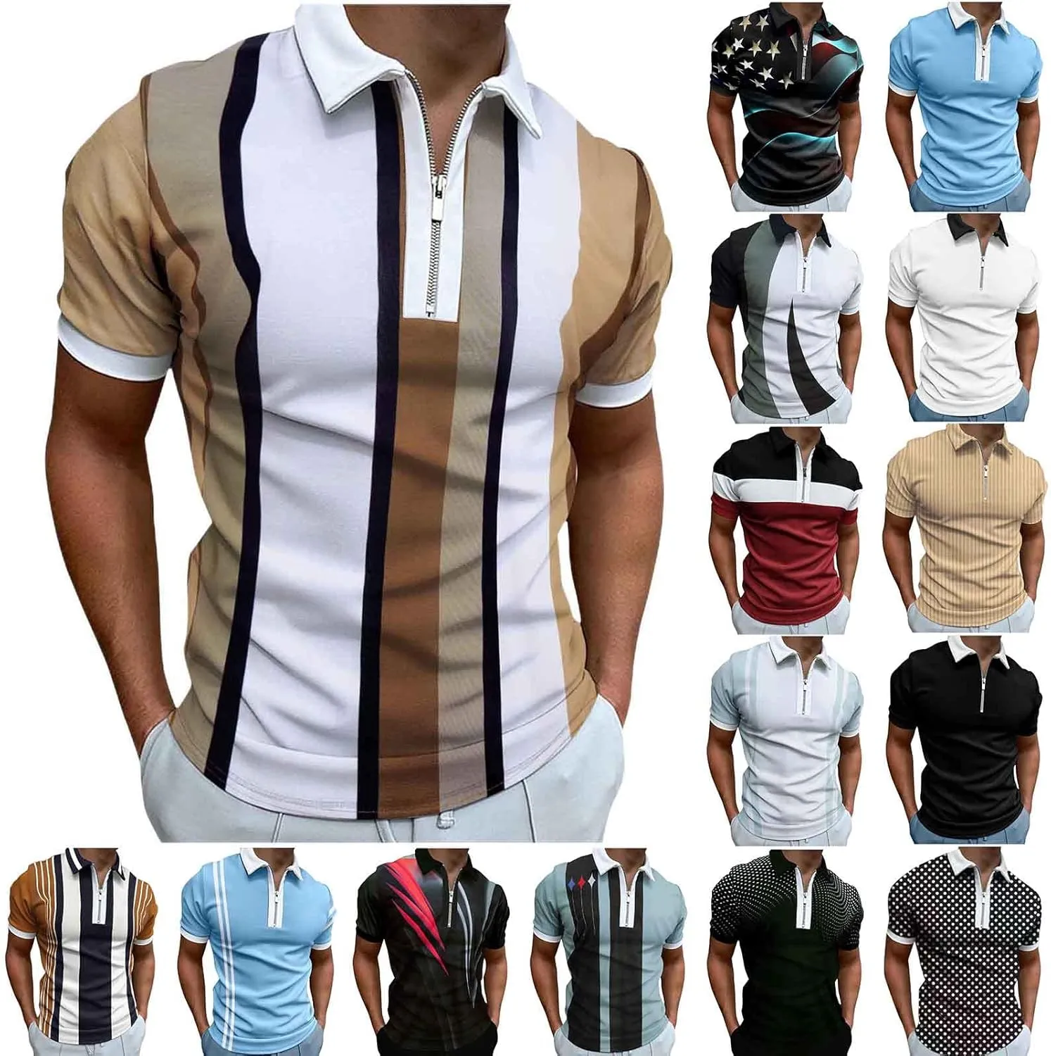 Men's Short Sleeve Zipper Polo Shirts Casual Slim Fit Printed Athletic Golf Shirts Slim Fit Basic Stripe Tees Tops