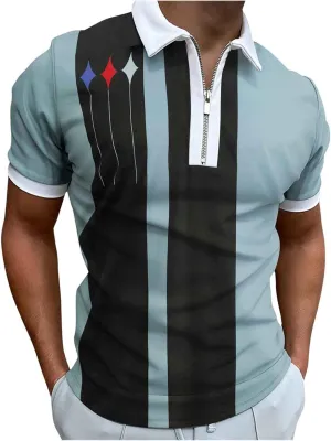 Men's Short Sleeve Zipper Polo Shirts Casual Slim Fit Printed Athletic Golf Shirts Slim Fit Basic Stripe Tees Tops