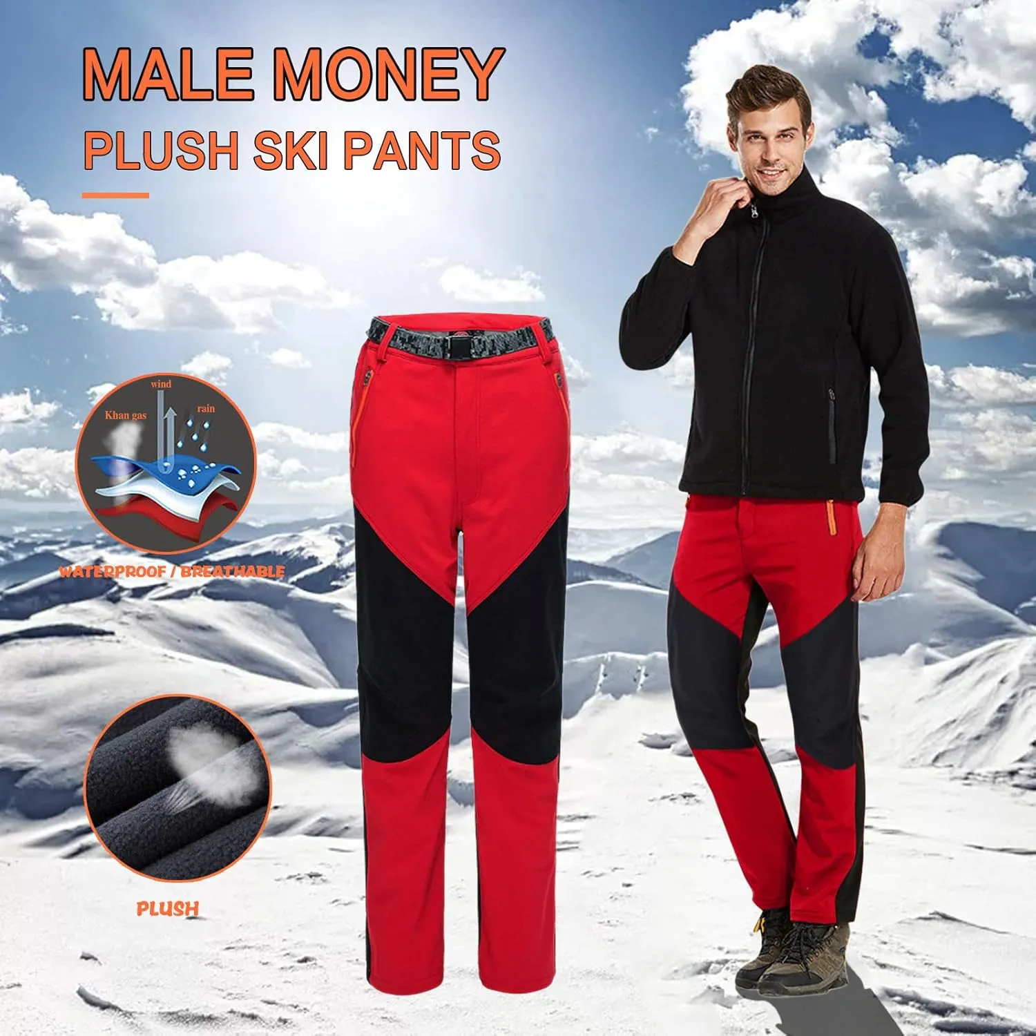Mens Snow Ski Waterproof Softshell Snowboard Pant Outdoor Windproof Fleece Lined Warm Hiking Ski Snow Pant Camping Pant