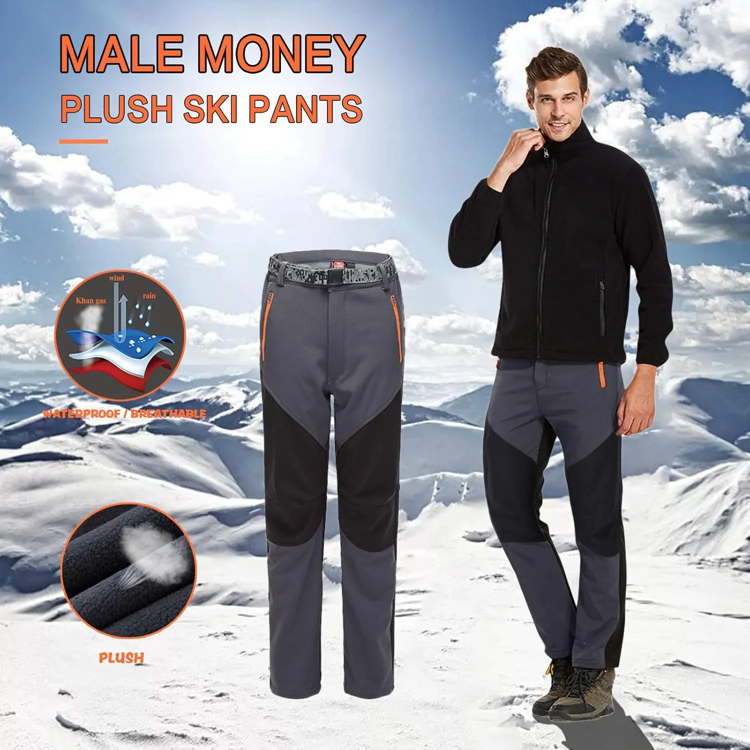 Mens Snow Ski Waterproof Softshell Snowboard Pant Outdoor Windproof Fleece Lined Warm Hiking Ski Snow Pant Camping Pant