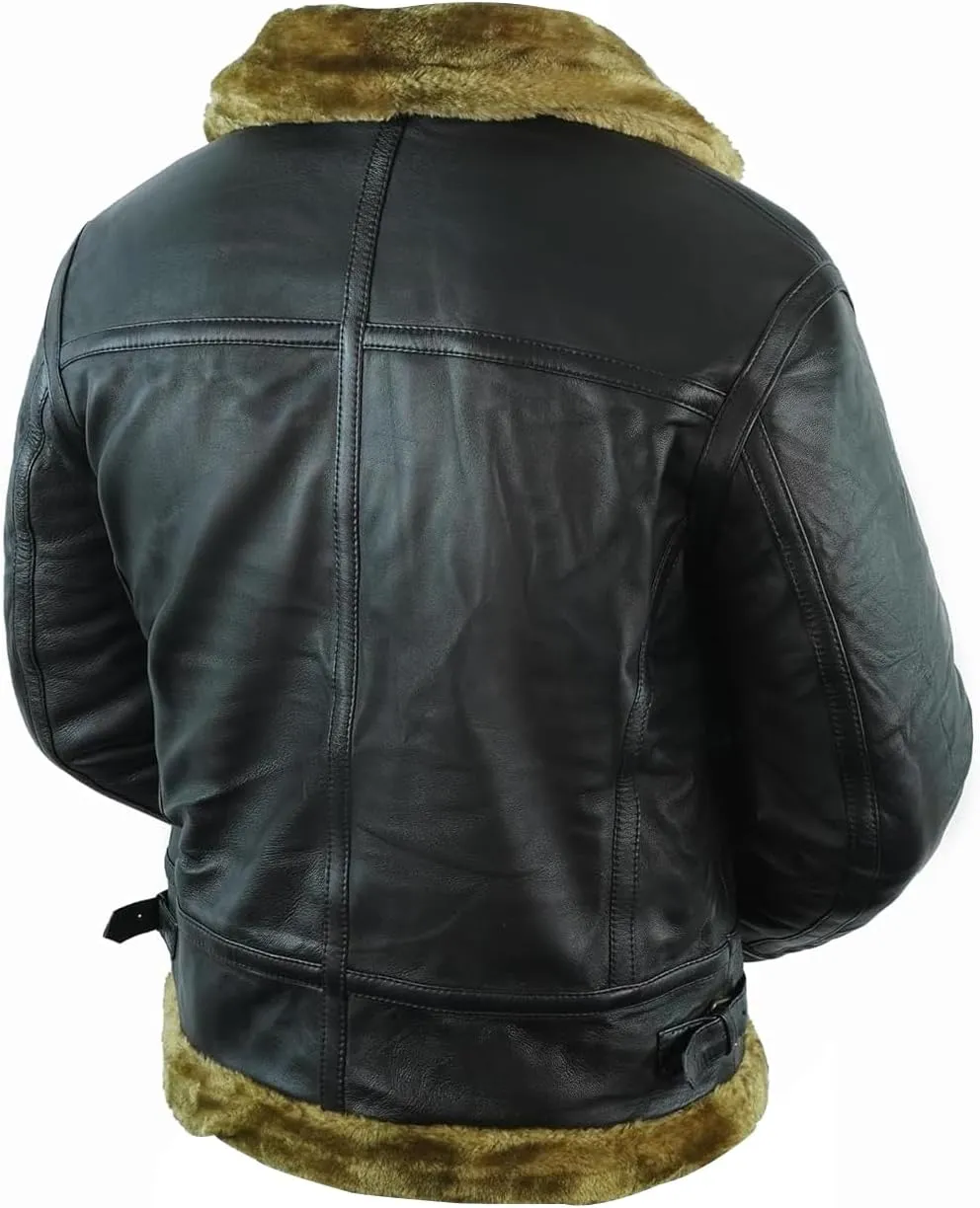 Mens Winter Aviator RAF B3 Bomber Brown Faux Fur Shearling Sheepskin Leather Jacket