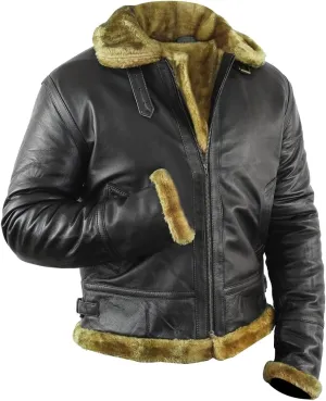 Mens Winter Aviator RAF B3 Bomber Brown Faux Fur Shearling Sheepskin Leather Jacket