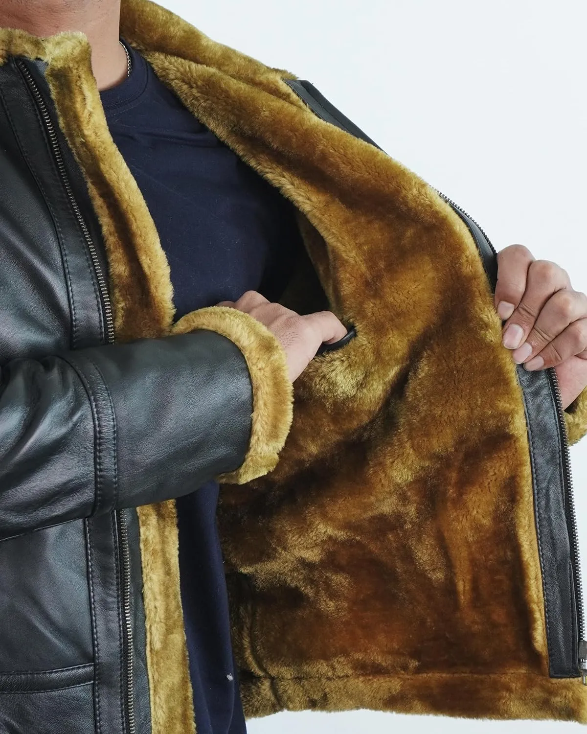 Mens Winter Aviator RAF B3 Bomber Brown Faux Fur Shearling Sheepskin Leather Jacket
