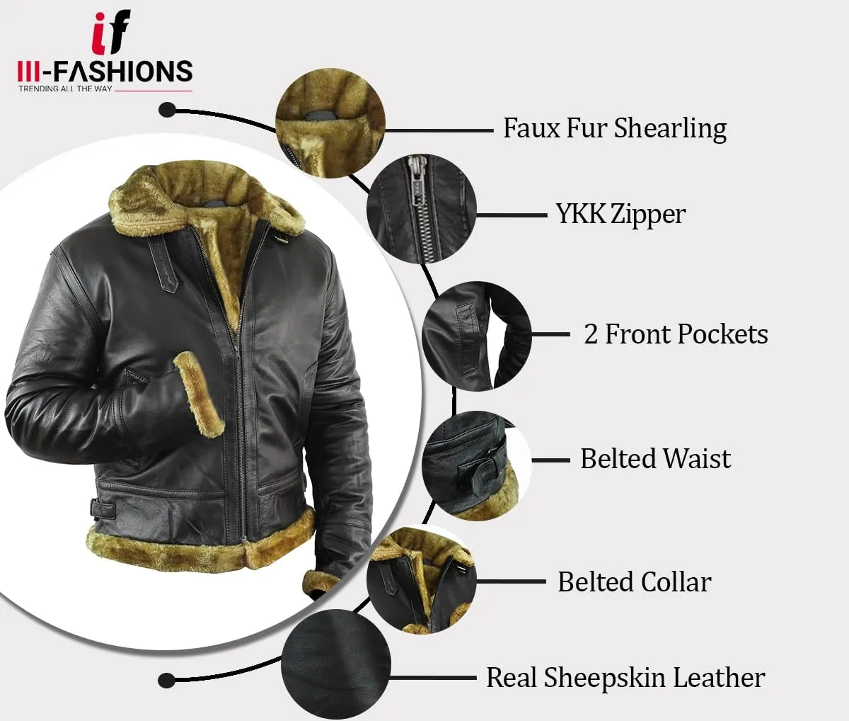 Mens Winter Aviator RAF B3 Bomber Brown Faux Fur Shearling Sheepskin Leather Jacket