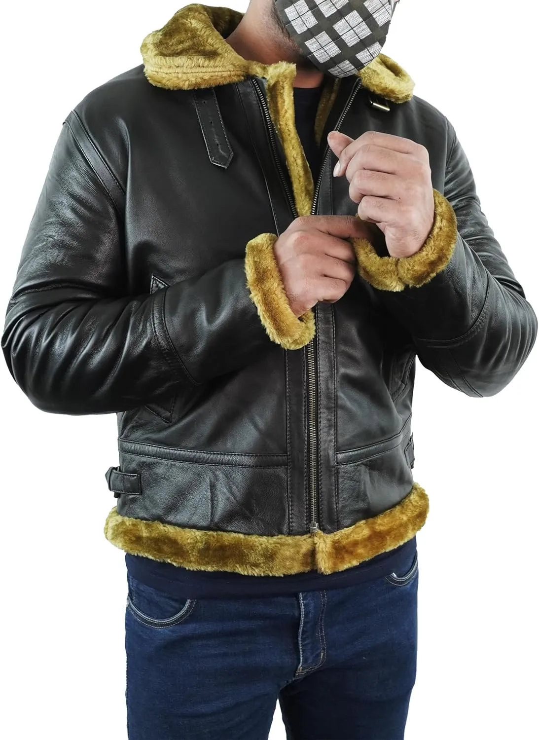 Mens Winter Aviator RAF B3 Bomber Brown Faux Fur Shearling Sheepskin Leather Jacket