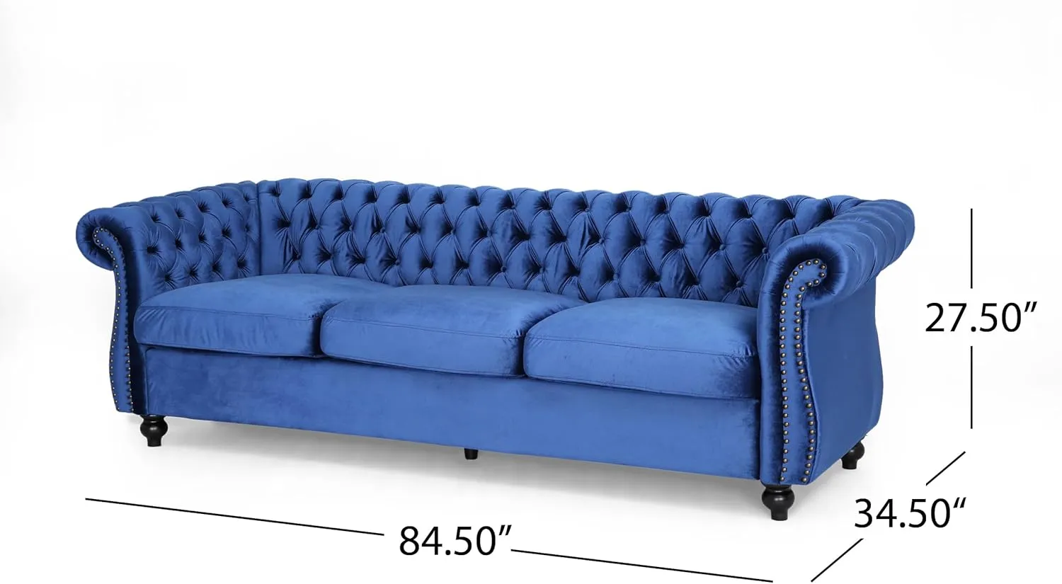 Merax Upholstered Chesterfield Sofa, Classic Retro Style 3 Seater Rolled Arm Couch for Living Room Bedroom Office, Navy Blue