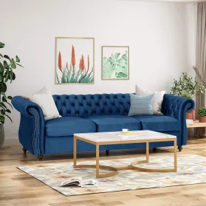 Merax Upholstered Chesterfield Sofa, Classic Retro Style 3 Seater Rolled Arm Couch for Living Room Bedroom Office, Navy Blue