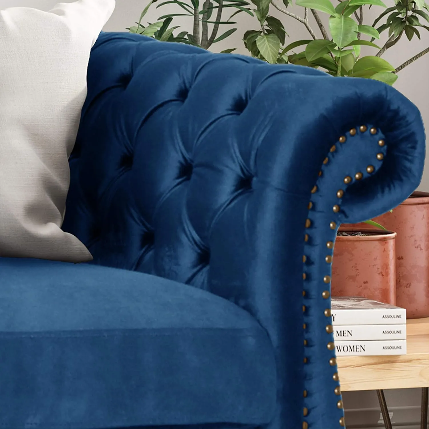 Merax Upholstered Chesterfield Sofa, Classic Retro Style 3 Seater Rolled Arm Couch for Living Room Bedroom Office, Navy Blue